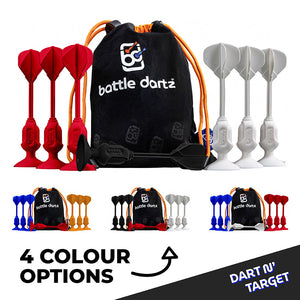 Bottle Darts set with a black drawstring bag, shown with red and white darts on a white background, with three smaller color variant options and text reading '4 COLOUR OPTIONS' and 'DART 12 TARGET'.
